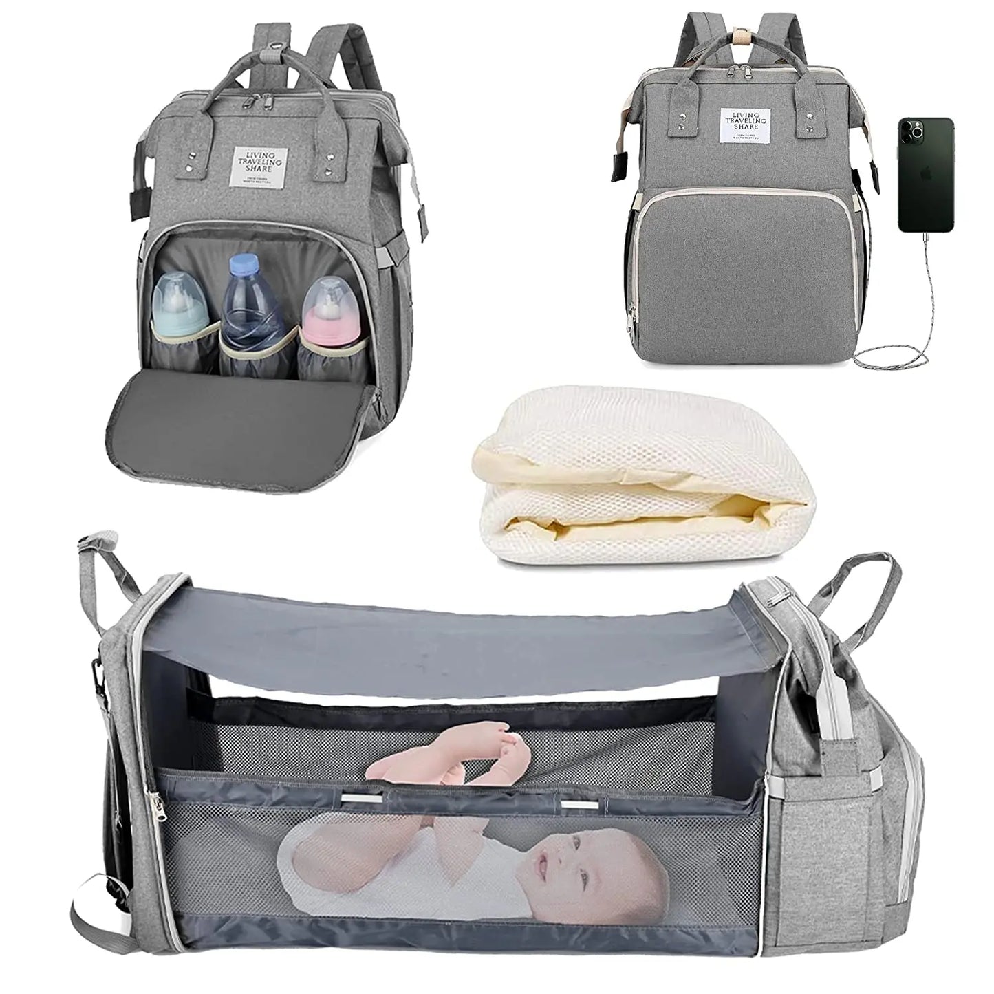Dream & Go Diaper Backpack with Foldable Baby Bed & USB