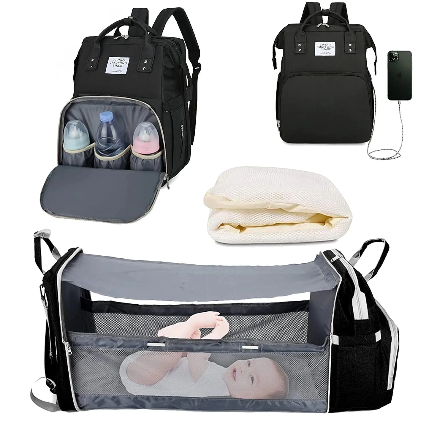 Dream & Go Diaper Backpack with Foldable Baby Bed & USB